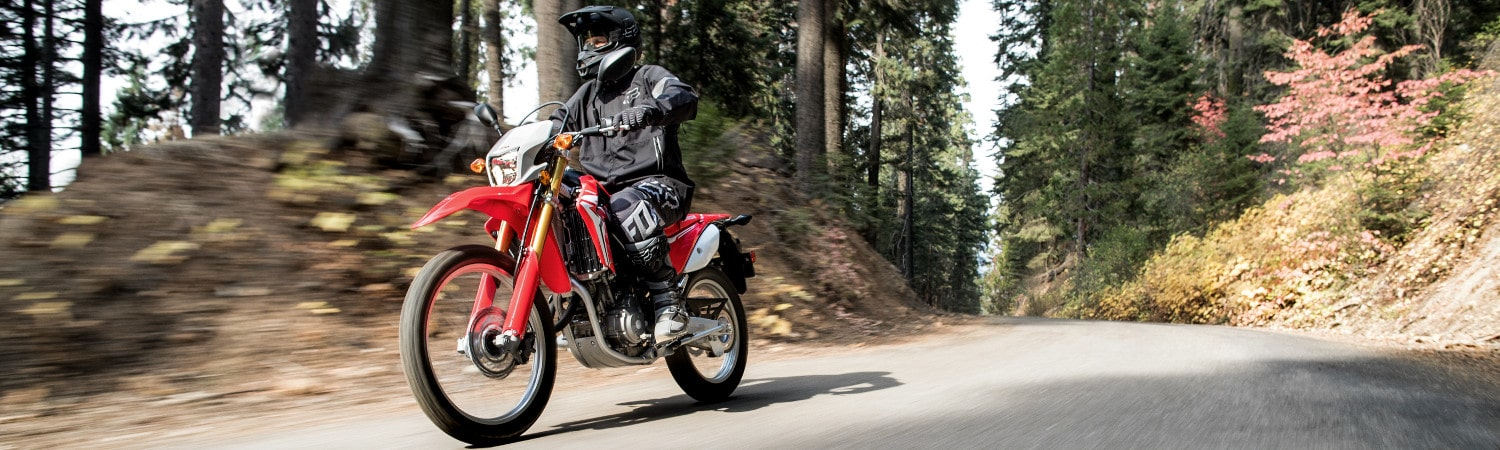 A red 2020 Honda® CRF250L being driven down a forested road